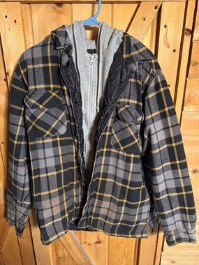 Black & Gray Plaid Hooded Flannel Jacket with Gray Zip-Up Liner